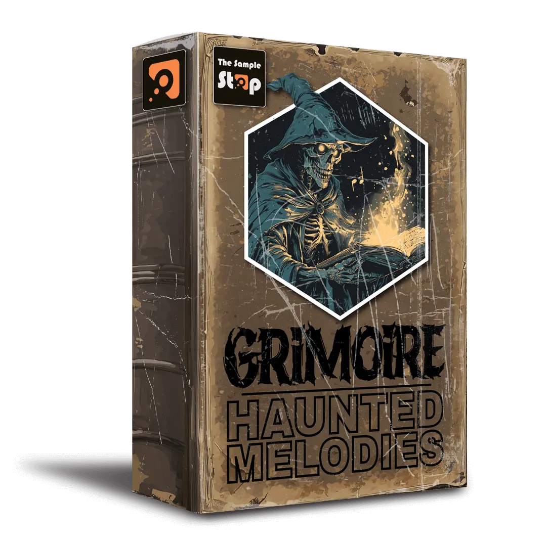 Grimoire sample pack box labeled Haunted Melodies with dark illustrated cover art.