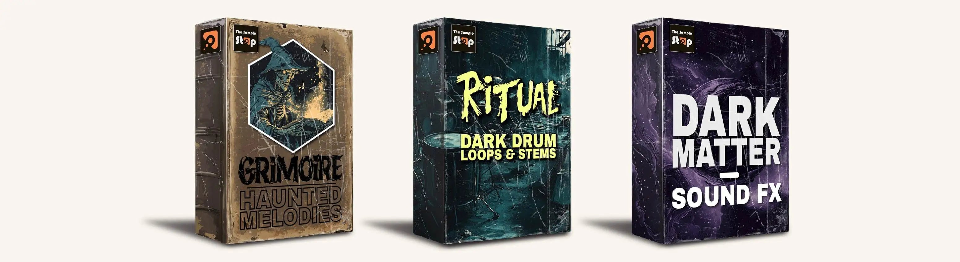 Three NIGHTFALL sample pack boxes showing Grimoire haunted melodies, Ritual dark drum loops and stems, and Dark Matter sound effects.