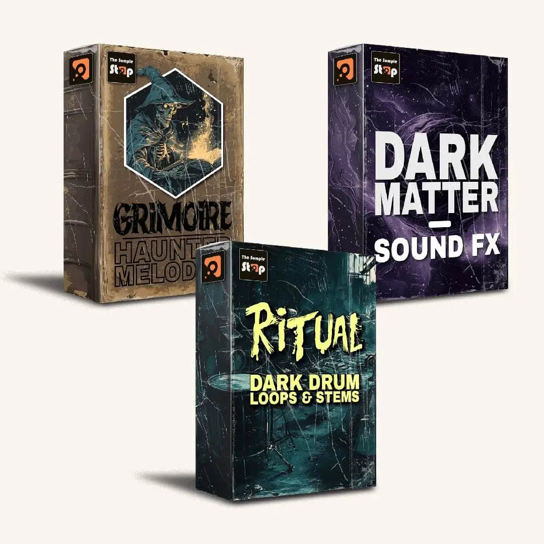 Three NIGHTFALL sample pack boxes showing Grimoire haunted melodies, Ritual dark drum loops and stems, and Dark Matter sound effects.