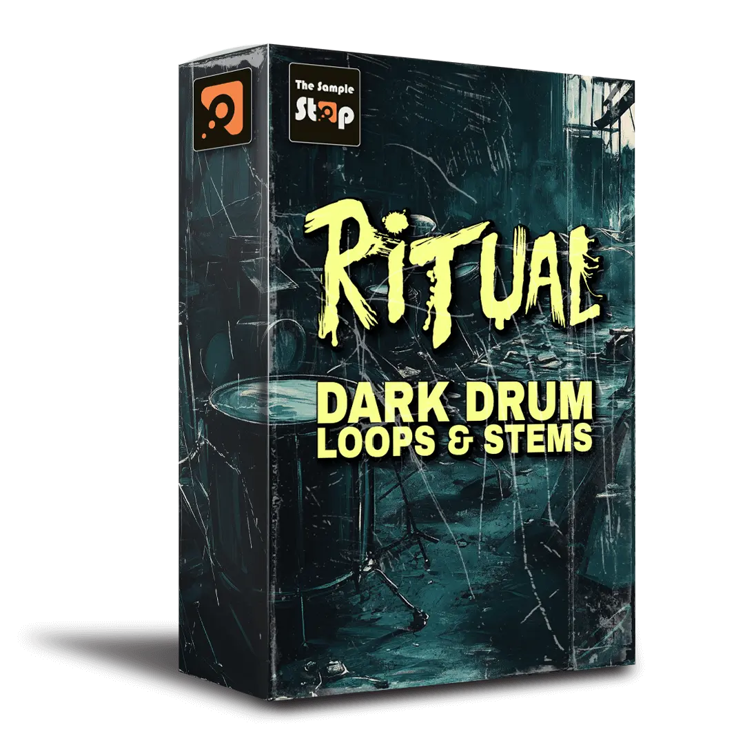 Ritual sample pack box labeled Dark Drum Loops & Stems with grungy teal graphic artwork.